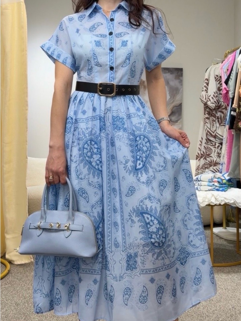 Light Blue Paisley Shirt Dress with Short Sleeves